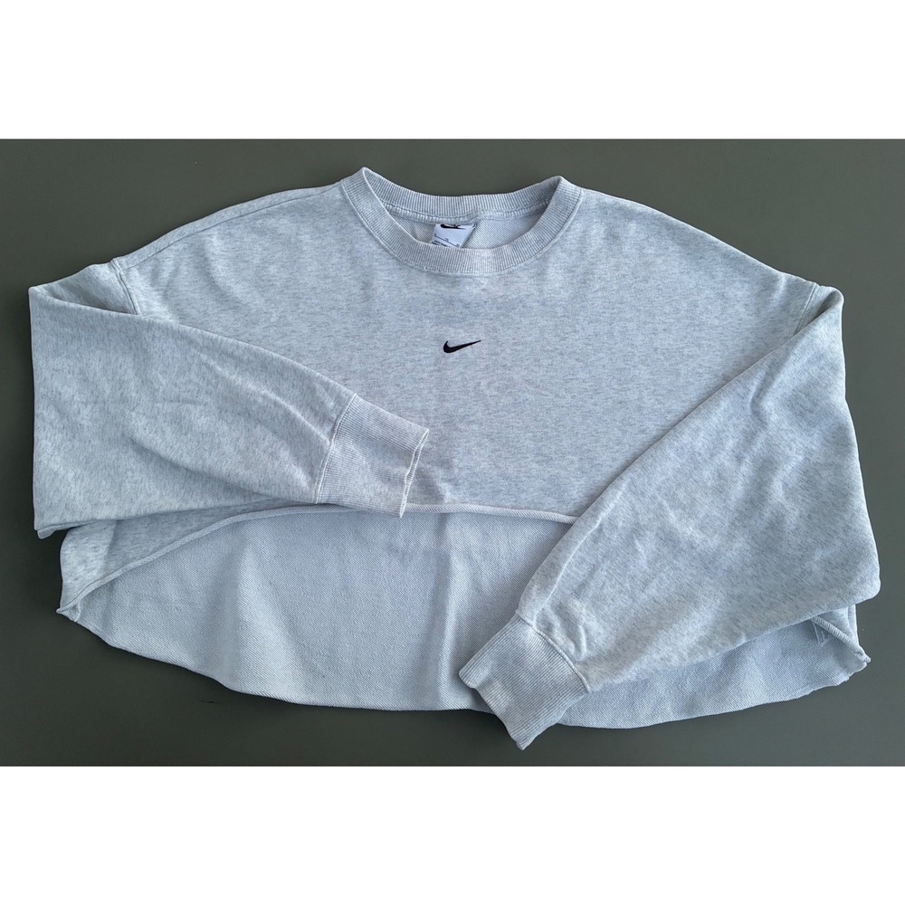Nike XL Grey Embroidered Swoosh Raw Hem Cropped Sweatshirt High Low Streetwear
